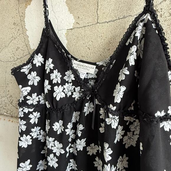 Black Floral Slip Dress Mini Sheer Lingerie Style Lace Trim Size M Morgan Taylor - Picture 4 of 7